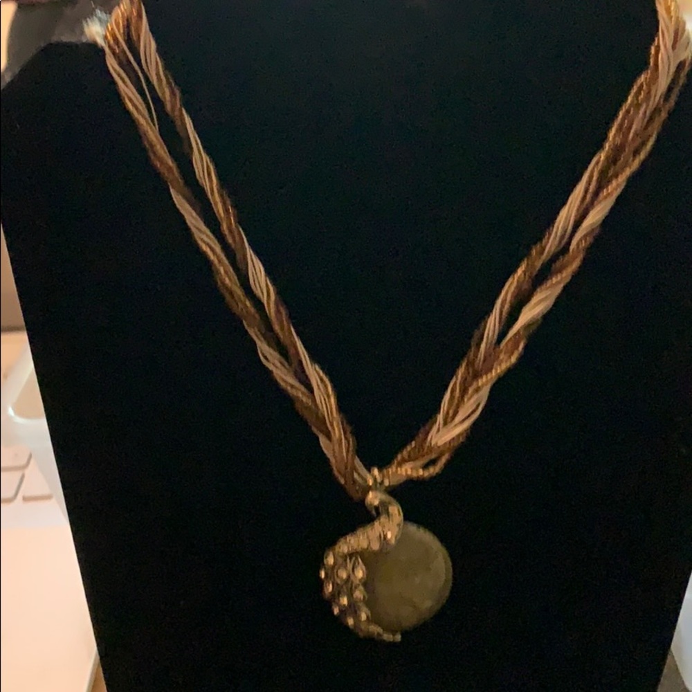 Peacock necklace with beaded braided chain & stone